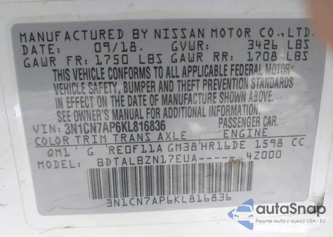 2019 Nissan Versa 1.6 Sv from USA, damaged, VIN 3N1CN7AP6KL816836